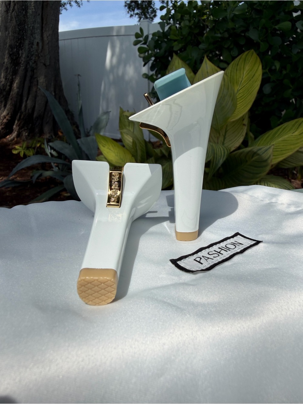 Pashion Footwear White Patent High Heel with Gold Accent